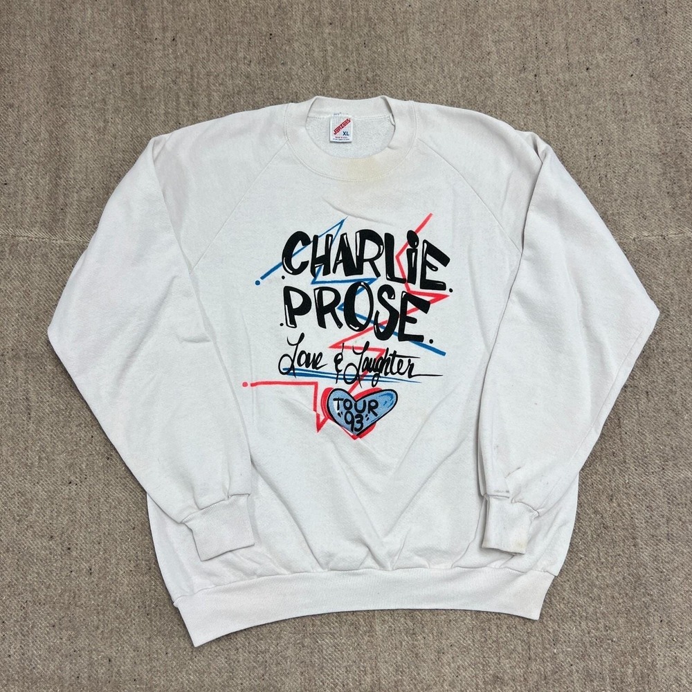 Vintage Charlie Prose Sweatshirt Mens XL White 1990s Love & Laughter Comedian